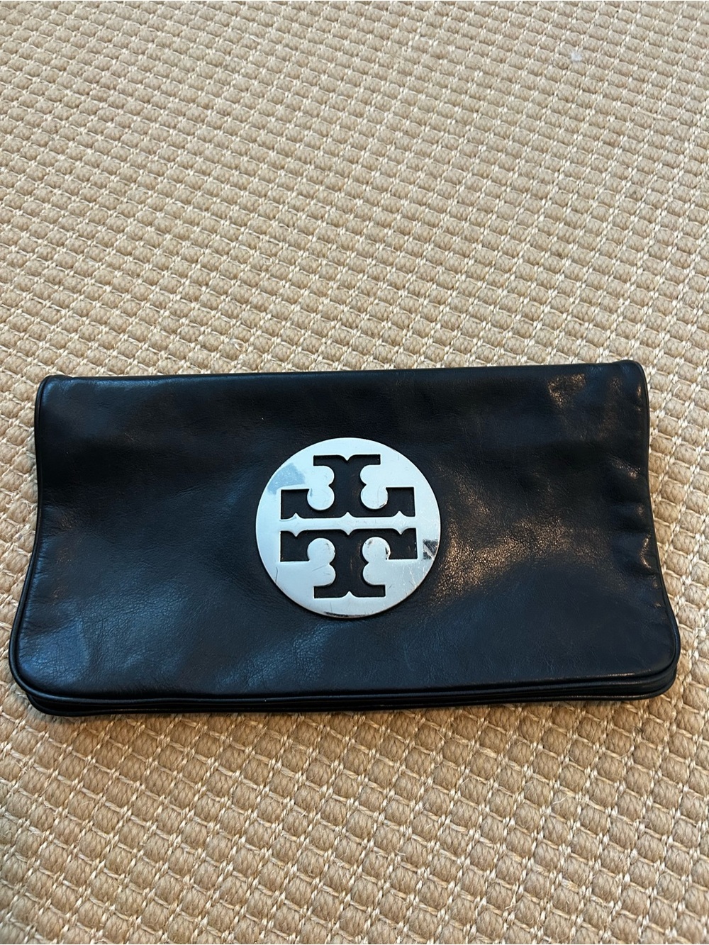 Tory Burch Black Leather Clutch with Silver Logo Medallion